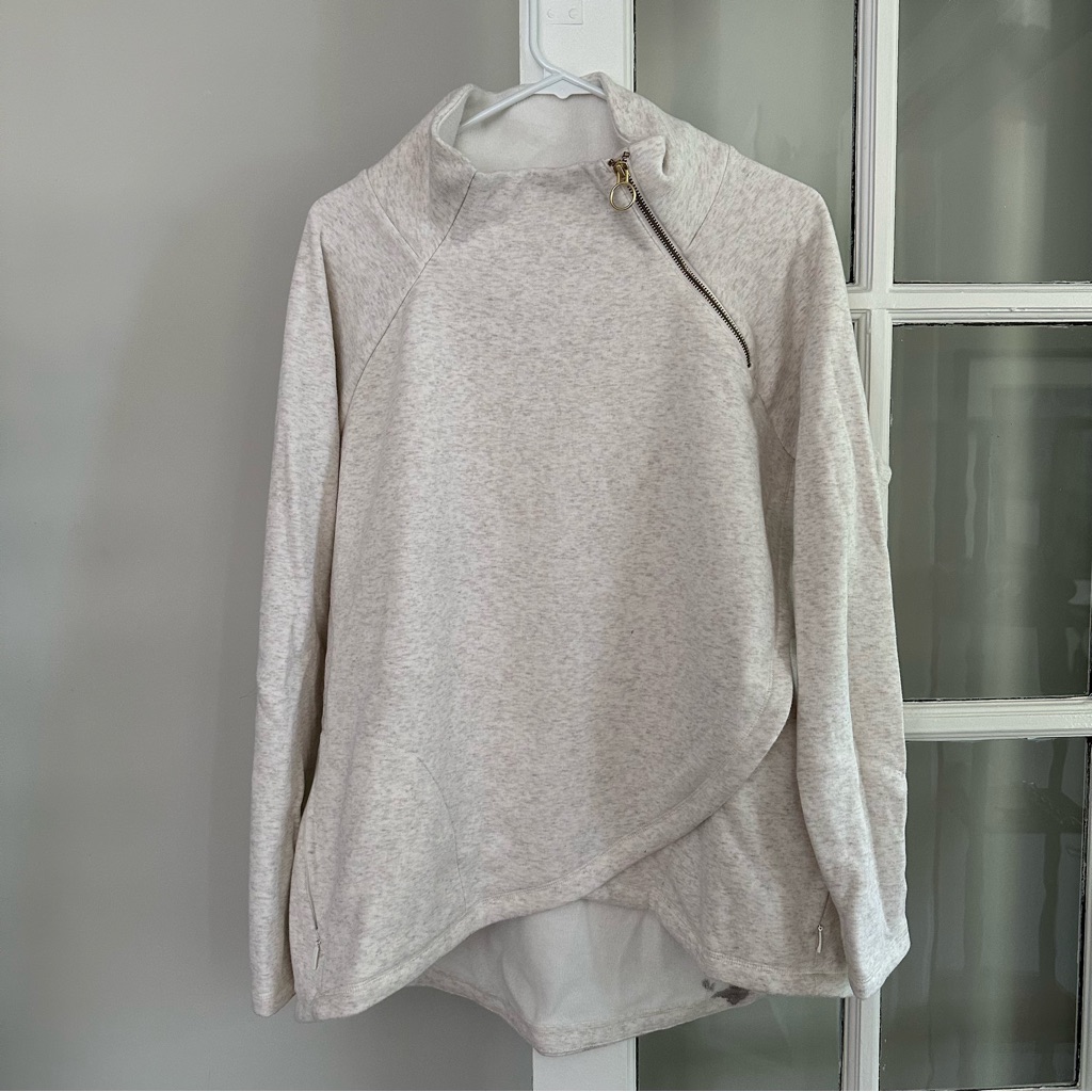 Athleta Zip Up Crewneck In Light Grey/Cream, Size Large